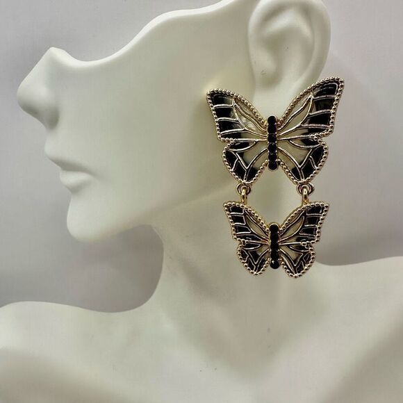 Double Butterfly Gold tone and black post drop earrings - Picture 6 of 8